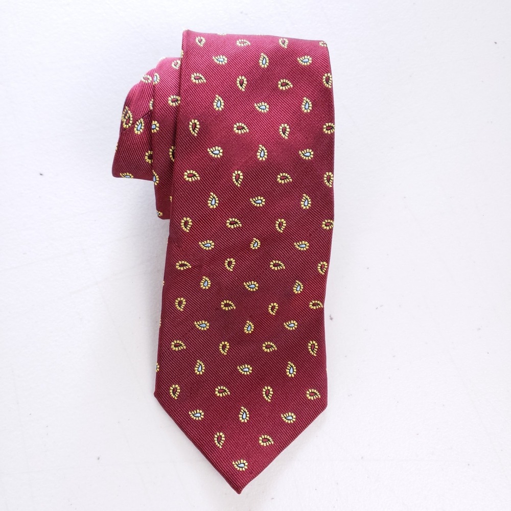 GS Silk Tie Burgundy Yellow Blue Paisley Micro Pattern Stain Resistant Necktie